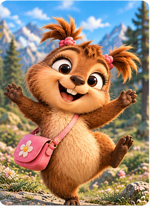 Baila the marmot with pink hair ties and her pink flower bag