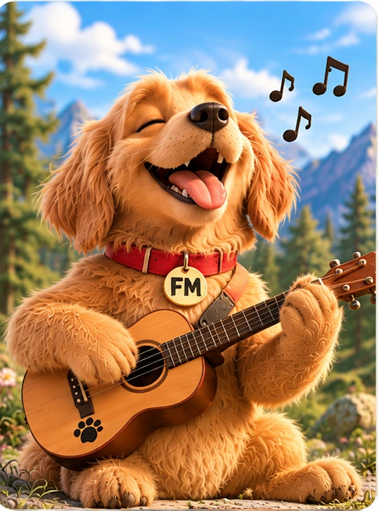 Radio the golden retriever playing his guitar