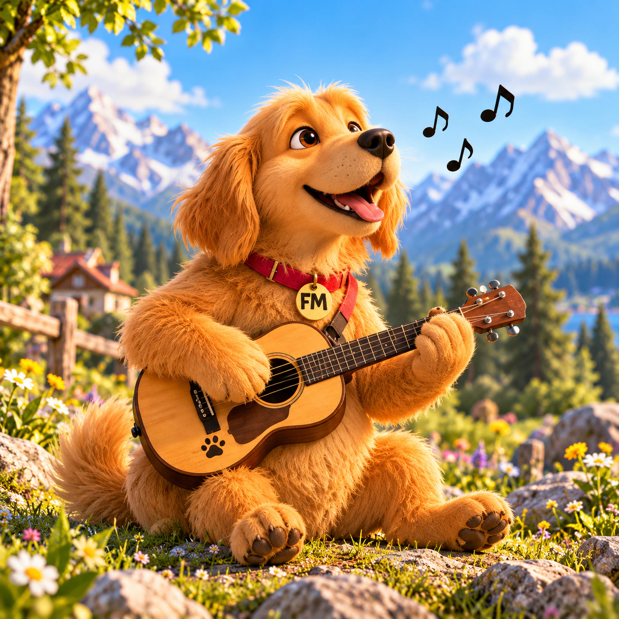 Radio the golden retriever singing and playing his guitar in a mountain meadow