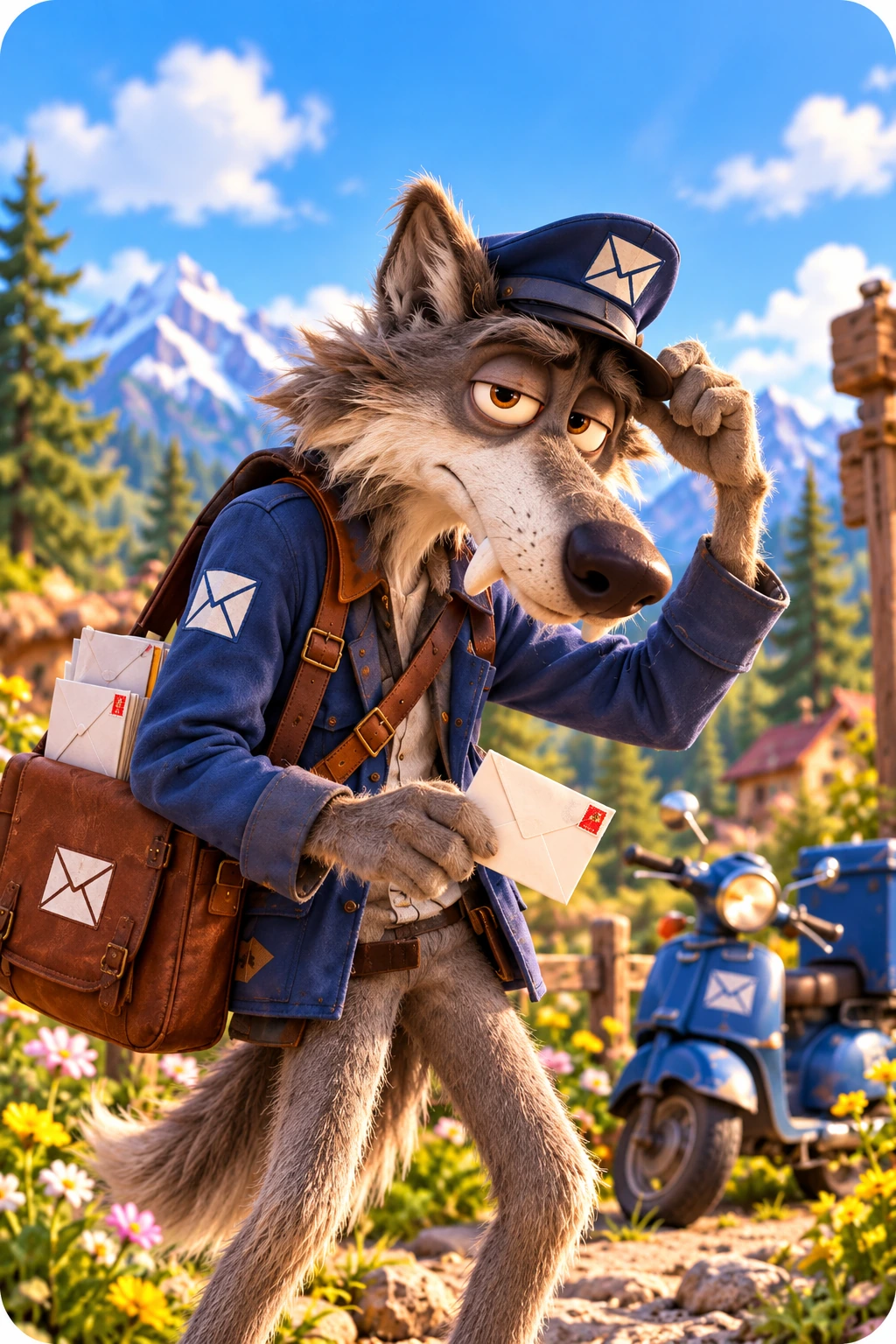 Wolf the postman holding a letter beside his blue scooter